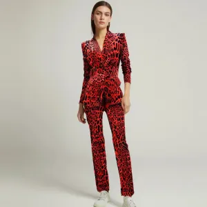 Velvet Designer Red Leopard Print Pencil Pants   Jacket 2pcs Suit