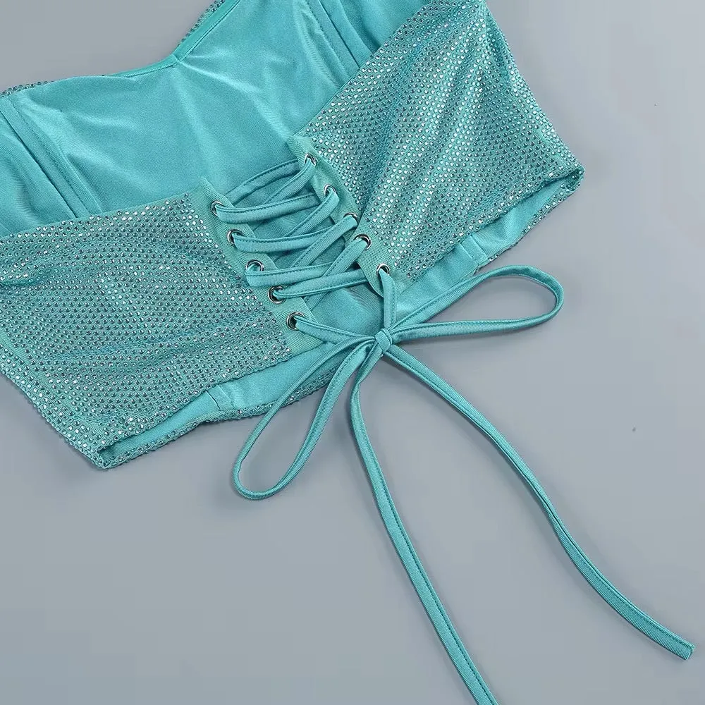 WALLIS EMERALD DIAMONDS LACE-UP TOPS 2 PIECES BODYCON SET