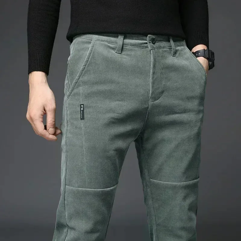 Winter Fleece Warm Corduroy Pants for Men: Business Fashion Slim Fit Stretch Thicken Casual Trousers