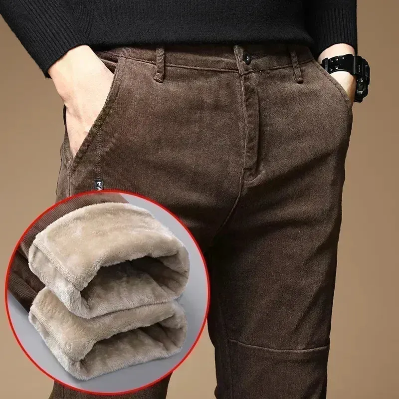 Winter Fleece Warm Corduroy Pants for Men: Business Fashion Slim Fit Stretch Thicken Casual Trousers