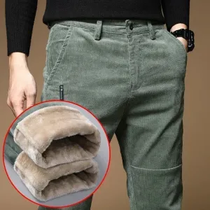 Winter Fleece Warm Corduroy Pants for Men: Business Fashion Slim Fit Stretch Thicken Casual Trousers