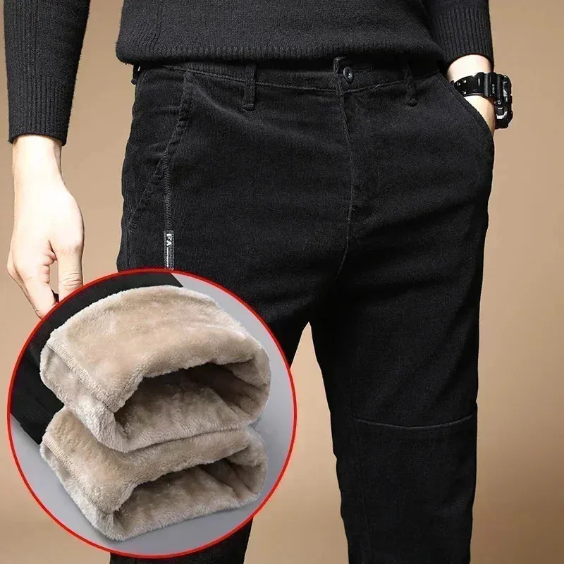 Winter Fleece Warm Corduroy Pants for Men: Business Fashion Slim Fit Stretch Thicken Casual Trousers