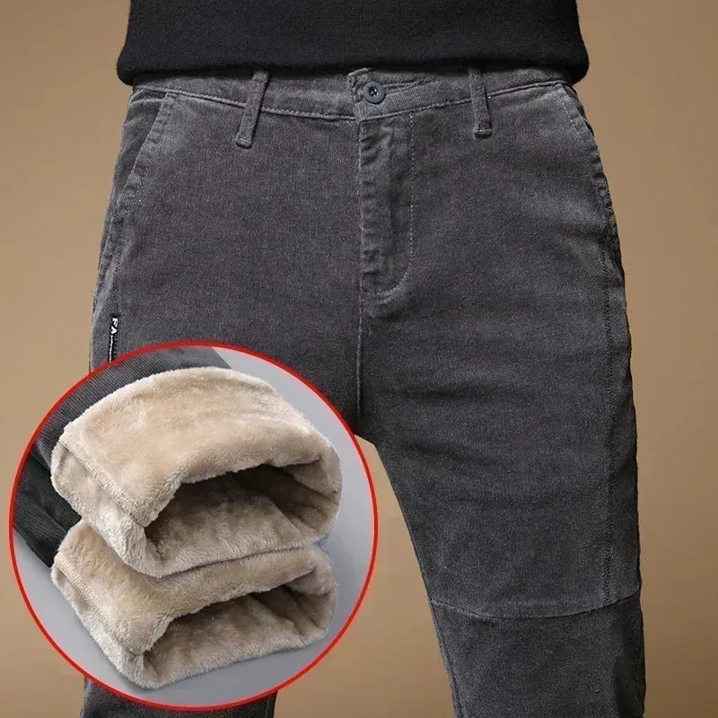 Winter Fleece Warm Corduroy Pants for Men: Business Fashion Slim Fit Stretch Thicken Casual Trousers