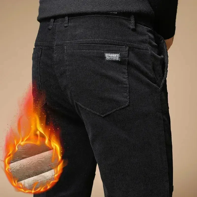 Winter Fleece Warm Corduroy Pants for Men: Business Fashion Slim Fit Stretch Thicken Casual Trousers