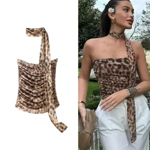 Women's Vintage Print Ruched Corset Halter Top
