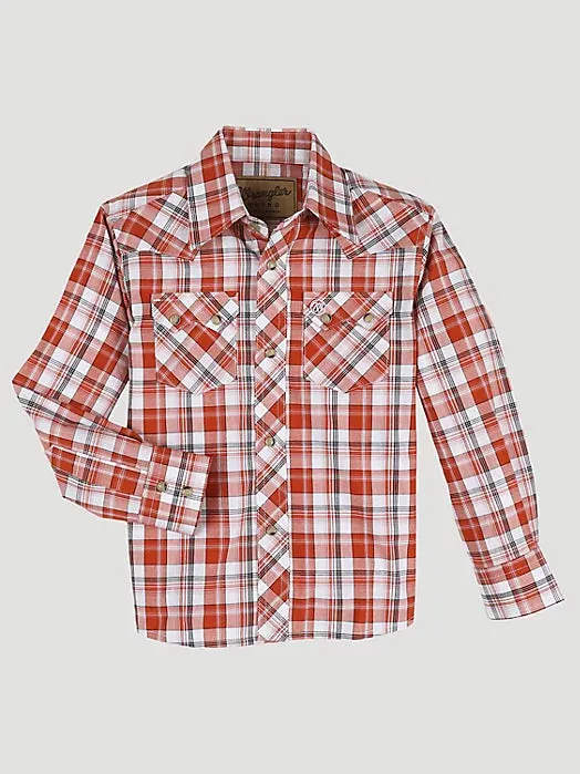 Wrangler Boy's Youth Retro Western Snap Plaid Shirt in Pumpkin