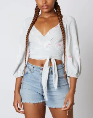 Wrap Tie V Neck Balloon Raglan Sleeve Crop Top