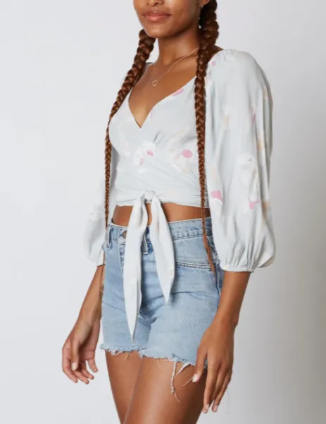 Wrap Tie V Neck Balloon Raglan Sleeve Crop Top